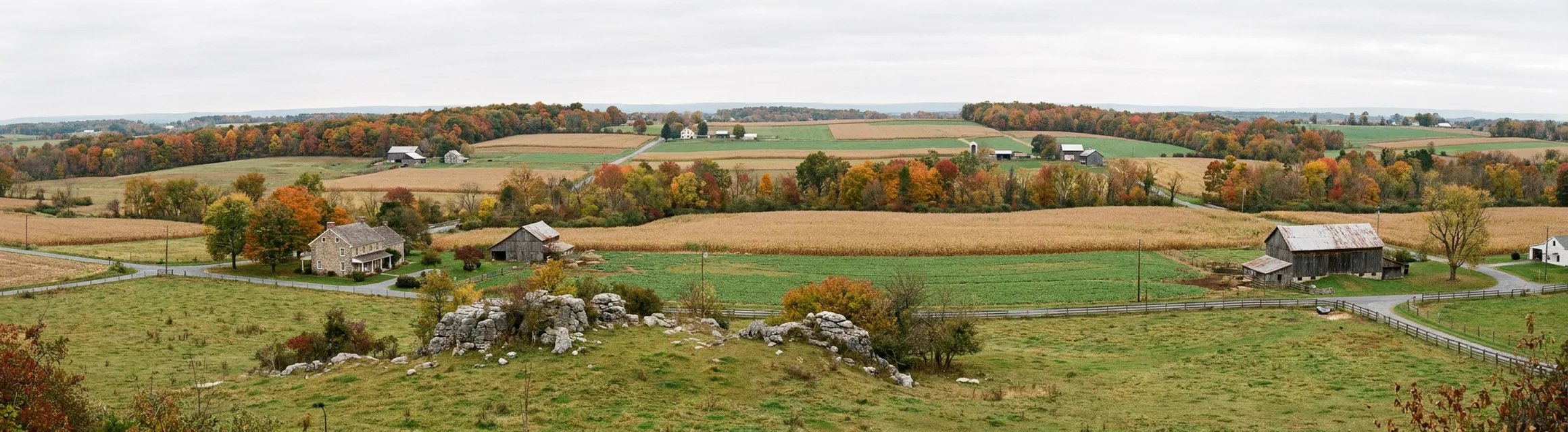 Rolling farmland and housing across south-central Pennsylvania where radon levels are commonly elevated