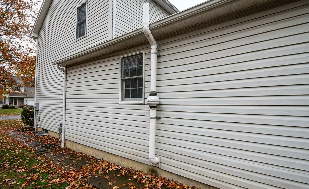 Exterior radon mitigation vent pipe and inline fan running up the side of a York County, Pennsylvania home
